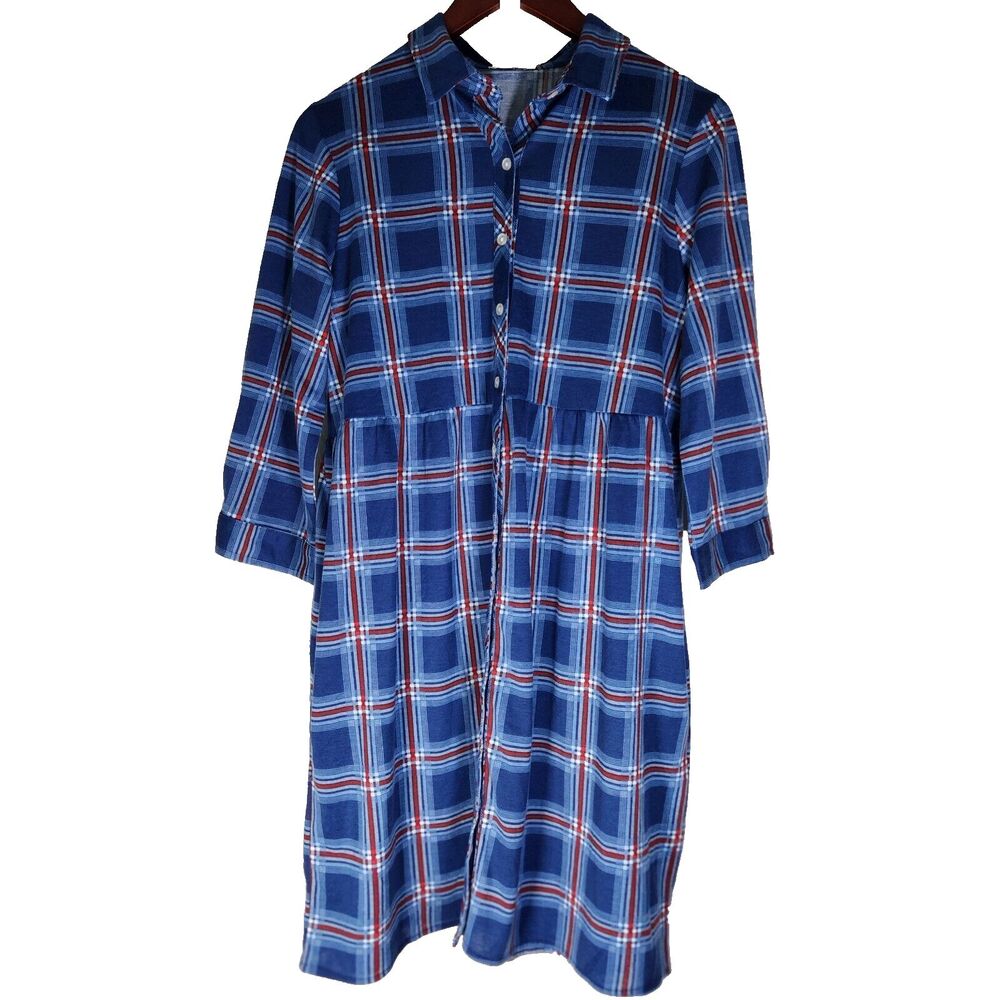 Ninexis Dress Plaid Blue Button Up Dress, 3/4 Sleeve NWT Medium